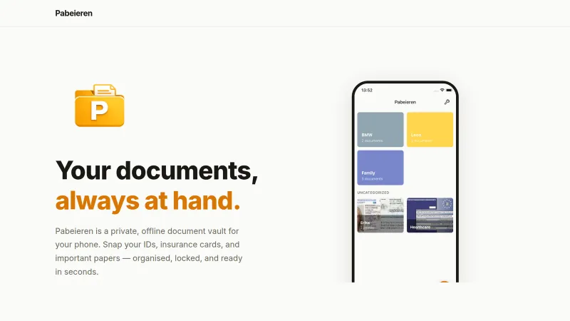 The Pabeieren home page — “Your documents, always at hand” — beside an iPhone showing colour-coded document categories.